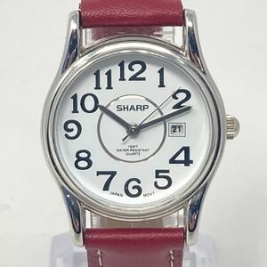 Sharp Womens Easy Reader Watch 29mm Silver Tone Date Red Leather 30M New Battery